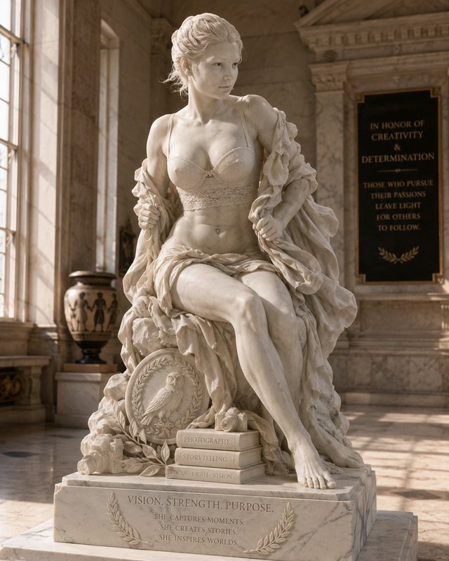 Intricate white marble seated female sculpture with modern details, displayed in a sunlit classic...