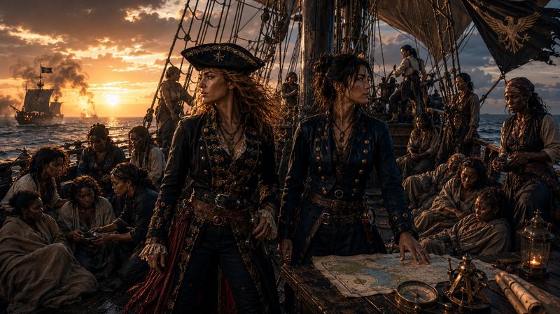 Two fierce female pirate captains stand on a tall ship deck at golden sunset, with their all-wome...