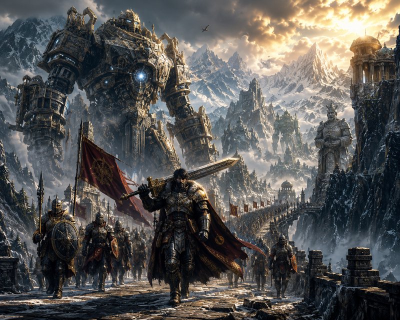 Armored fantasy king leads an army of knights and colossal mechanical golem across a snowy mounta...
