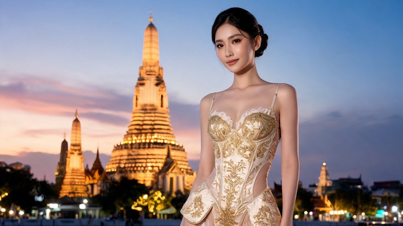 Elegant woman in ornate gold embroidered gown poses at sunset in front of illuminated Wat Arun te...