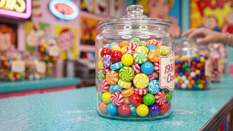 Clear lidded glass jar overflowing with bright swirled retro hard candies sits on a turquoise vin...