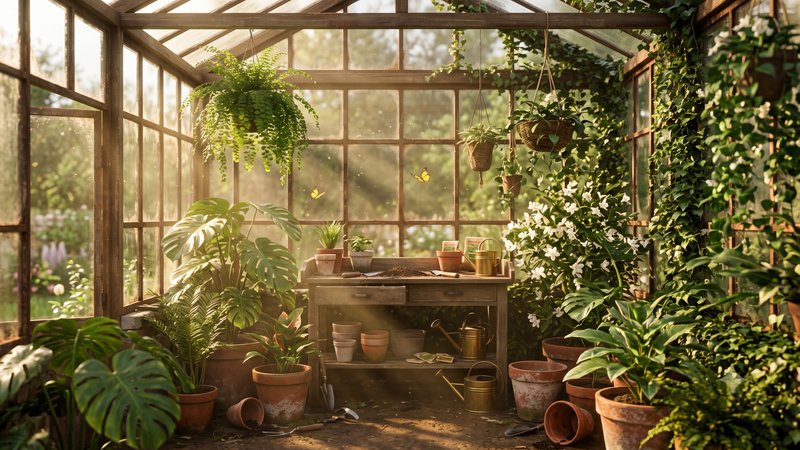 Sunlit vintage wooden greenhouse filled with potted houseplants, hanging ferns, terracotta pots, ...