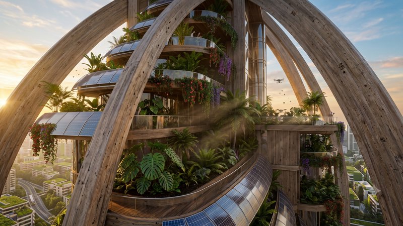Futuristic biophilic wooden skyscraper with plant-filled balconies and solar panels overlooks a g...