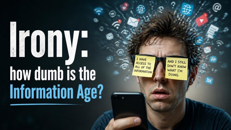 Overwhelmed man with sticky notes on glasses stares at a phone as app icons swirl around, with te...