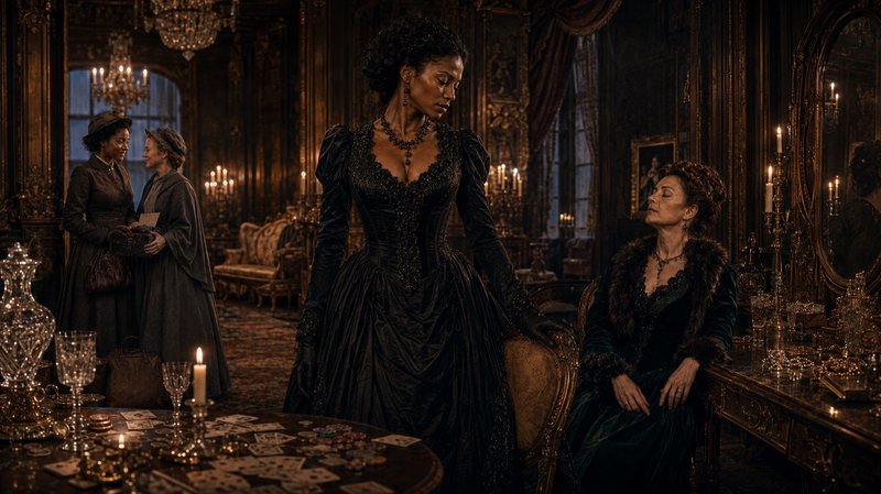 Dramatic period drama scene, women in Victorian gowns in a candlelit gilded aristocratic drawing ...