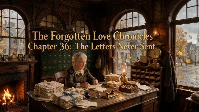 Elderly woman at antique desk stacked with old letters, cozy fireside Victorian study, story chap...