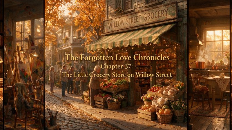 Warm golden hour autumnal illustration of Willow Street Grocery, story chapter header with cozy s...