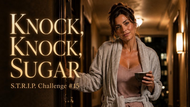 Woman in a plush bathrobe holds a warm drink at a hallway doorway, with "Knock, Knock, Sugar" cha...