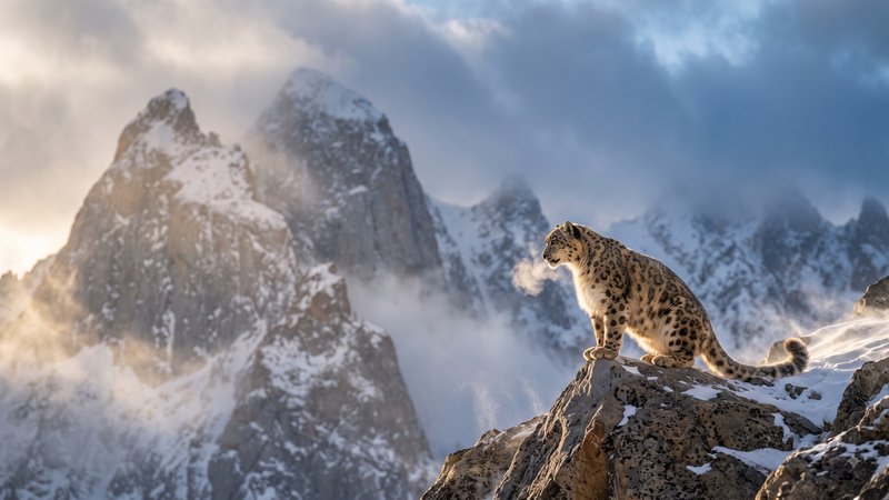 Snow leopard perched on a snow-dusted rocky peak, surveying misty snow-capped mountains at golden sunrise.
