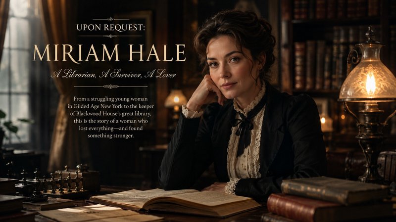 Promotional character graphic for Miriam Hale, a Gilded Age librarian seated at a vintage desk in...