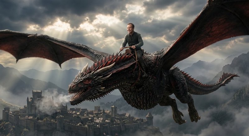 Smiling man rides a spiked black red-winged dragon flying above a misty medieval mountain fortres...
