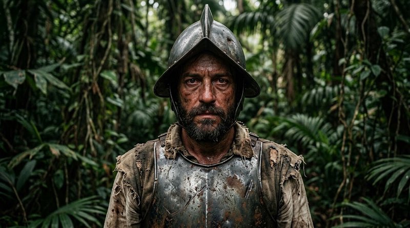 Tired, weathered bearded Spanish conquistador in worn metal armor stands facing the camera in den...