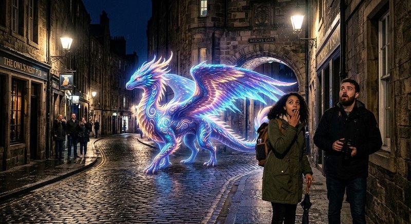 Iridescent glowing fantasy dragon stands on a rain-slicked historic cobblestone street at night, ...