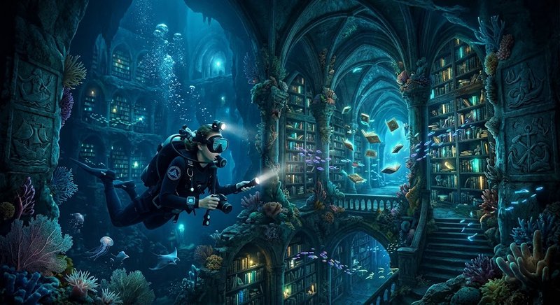 Scuba diver explores a sunken coral-covered gothic underwater library with floating glowing books...