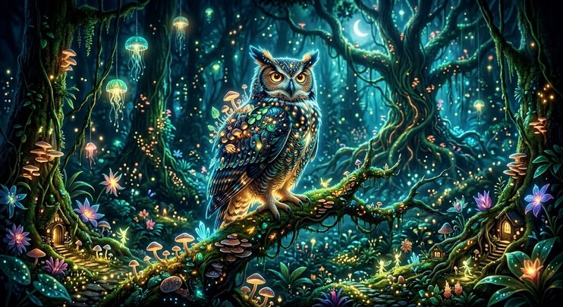 Luminous magical owl perched on a mossy branch in a glowing bioluminescent enchanted moonlit forest