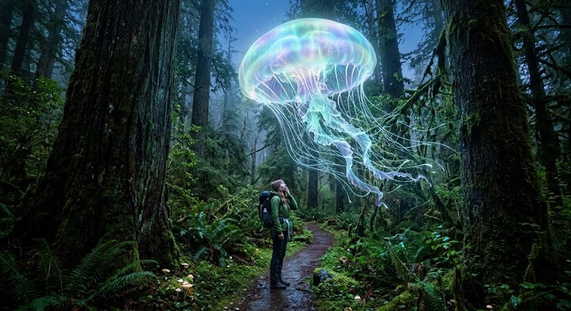 Backpacking hiker stares up at a giant glowing iridescent jellyfish floating over a misty old-gro...