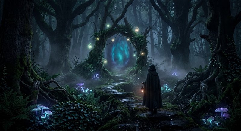 Hooded figure holding a lantern approaches a glowing blue magical portal in a misty enchanted for...