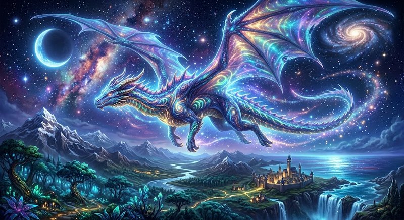 Iridescent glowing celestial dragon soars over a fantasy mountain castle landscape under a starry...
