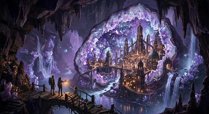 Two hikers on a weathered cave bridge gaze at a glowing fantasy city built inside a giant luminou...