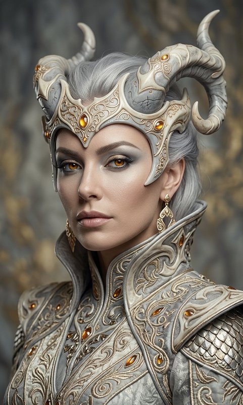 Closeup portrait of a regal horned fantasy queen with silver hair, wearing ornate gilded silver armor and jeweled horned c...