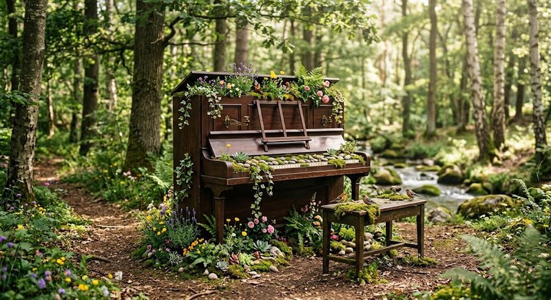 Vintage upright piano overgrown with moss and wildflowers sits in a sunlit forest beside a small ...