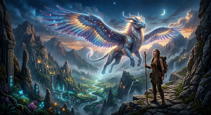 A female fantasy hiker gazes up at a glowing celestial winged dragon hovering above a misty mount...
