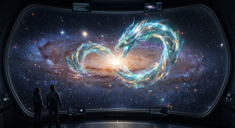 Two astronauts on a starship observation deck view a glowing celestial dragon anomaly coiled over...