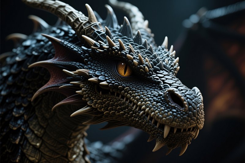 Close-up portrait of an intricately scaled dark fantasy dragon with glowing amber eyes, sharp hor...