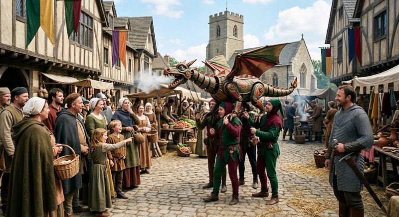 Crowd of medieval villagers watch jesters carry an ornate smoke-breathing mechanical dragon prop ...