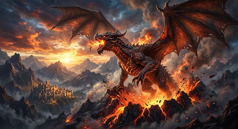 Massive fire-breathing fantasy dragon perched on an erupting volcanic mountain, overlooking a med...