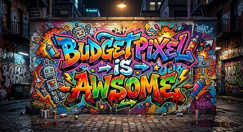 Vibrant graffiti mural reading "Budget Pixel is Awesome" painted on a brick wall in a nighttime u...