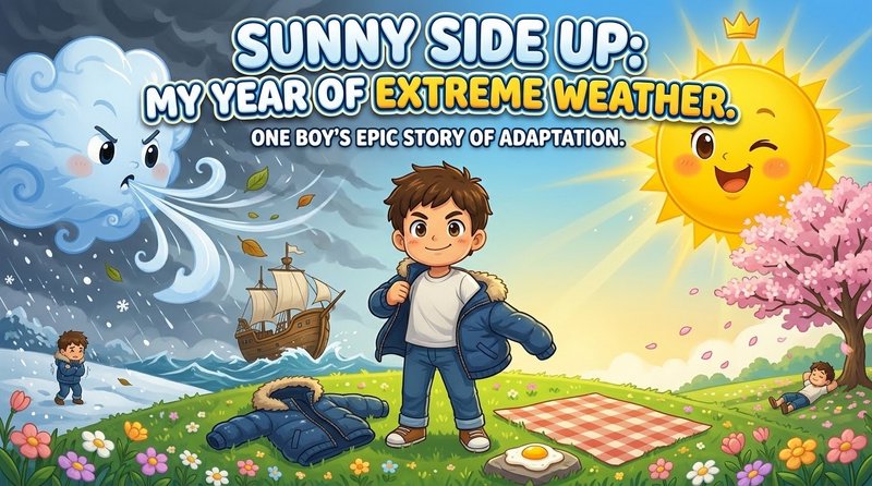 Colorful cartoon children's book cover showing a boy between stormy winter and sunny summer scene...