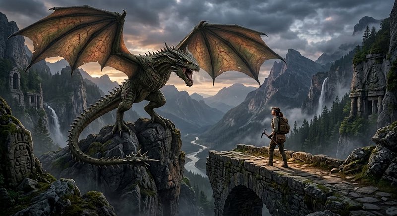 Lone adventurer on ancient stone bridge faces a massive spiked dragon with outstretched wings, pe...