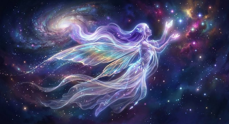 Ethereal glowing celestial fairy with translucent iridescent wings floats reaching for stars in a...