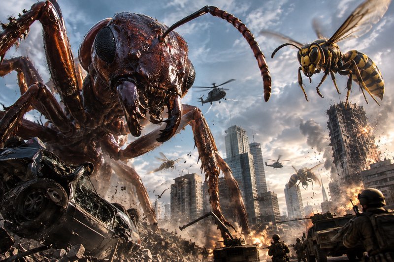 Colossal giant ant and wasp invade a ruined city, as military forces battle towering mutant insec...