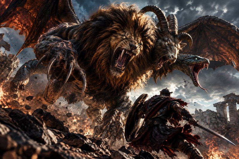 Armored ancient warrior confronts a ferocious three-headed Chimera beast on a fiery ruined battle...