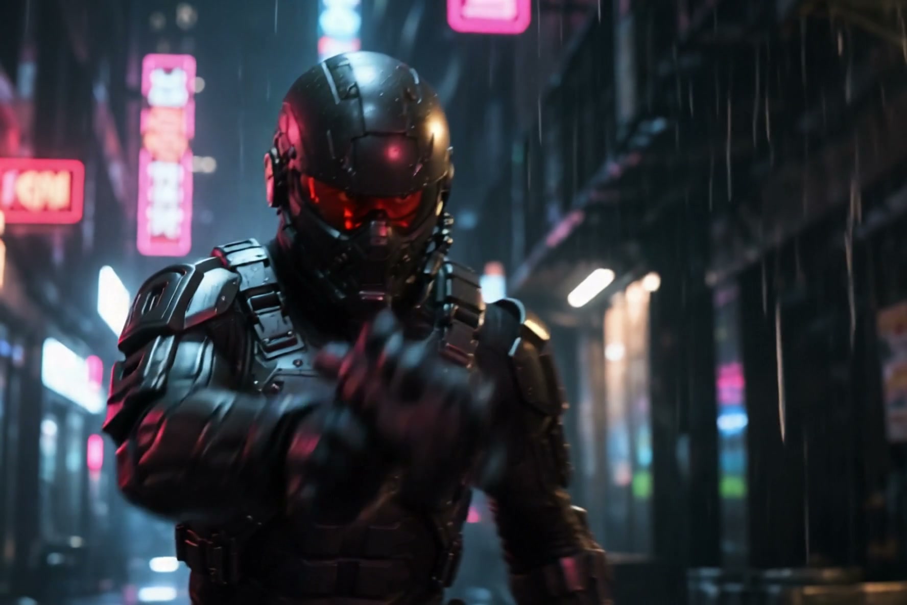 Futuristic tactical soldier in black armor with red visor stands in a rainy neon-lit cyberpunk ci...