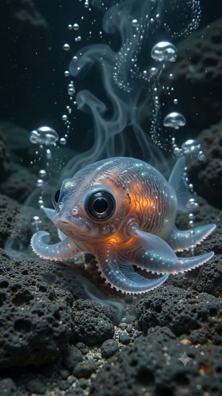 Bioluminescent hybrid deep sea creature with large eyes rests on rocky seabed as rising bubbles f...