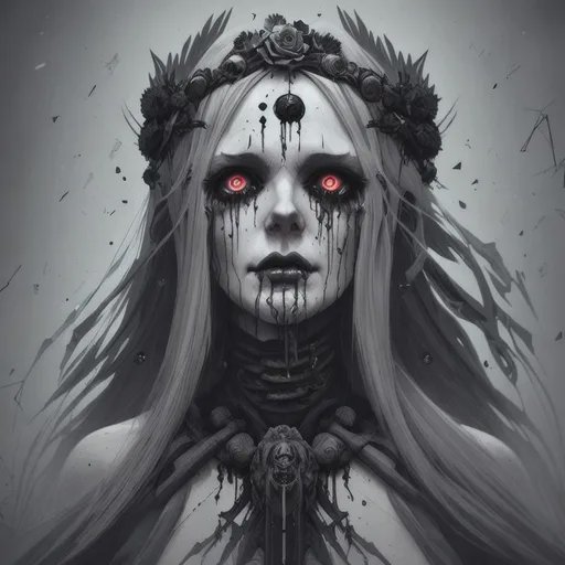 Haunting dark fantasy portrait of a pale undead queen with glowing red eyes, black rose crown, an...