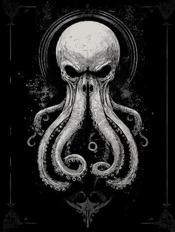 Black and white gothic illustration of Cthulhu with a circular halo, framed against a dark grungy background