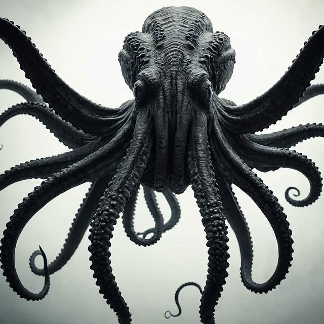 [Close-up monochrome portrait of a menacing giant octopus with splayed textured tentacles against a foggy pale background]