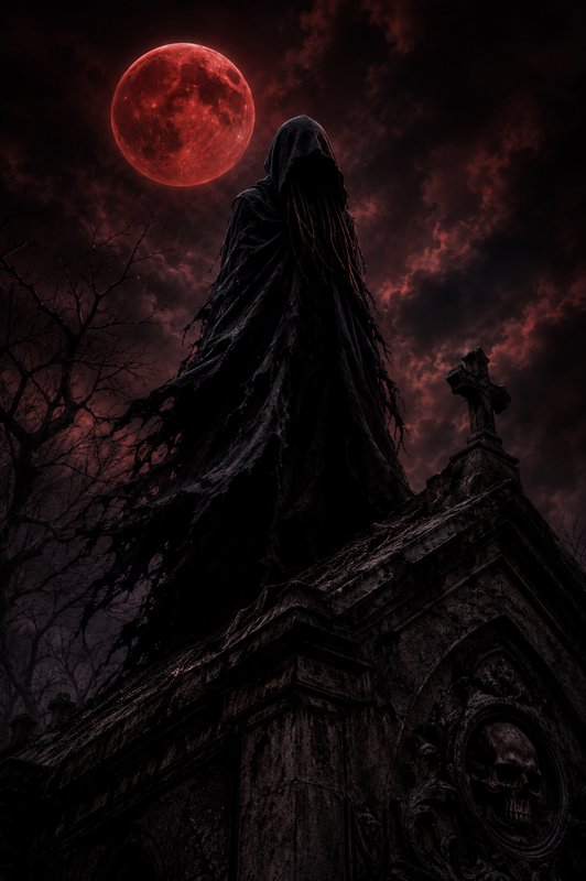 Tattered hooded grim reaper perches on a gothic mausoleum beneath a glowing red blood moon in a s...