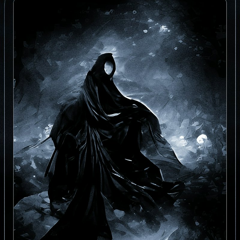 [Faceless hooded grim reaper in flowing black robes stands against a misty dark gothic background, monochrome fantasy illu...