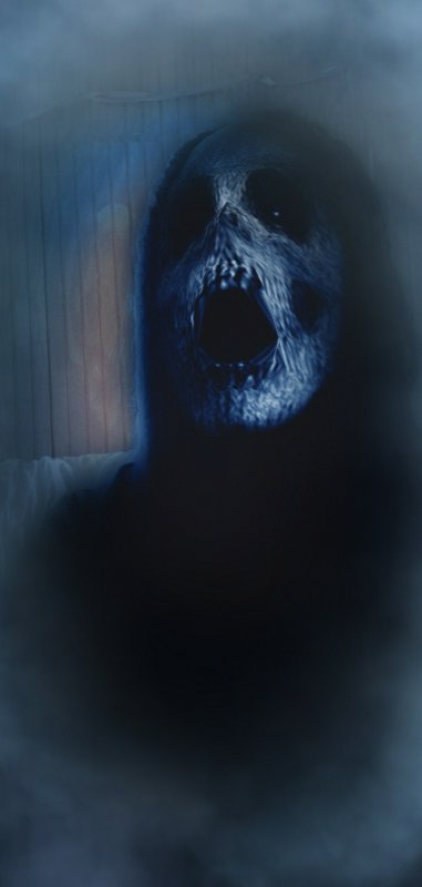 Terrifying screaming ghost face with hollow eyes emerges from mist, cool blue tones, dim haunted ...