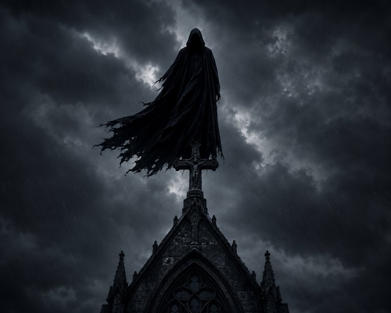 Hooded grim reaper with tattered cloak perches on a gothic church cross under a dark stormy rainy...