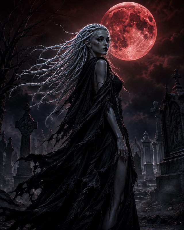 Pale dark elven woman with windswept white dreadlocks stands in a gothic graveyard beneath a glow...