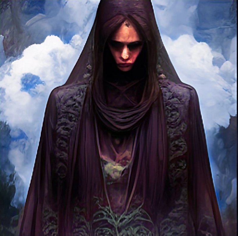 Mysterious hooded sorceress in dark embroidered robes stands against a misty cloudy mountain back...