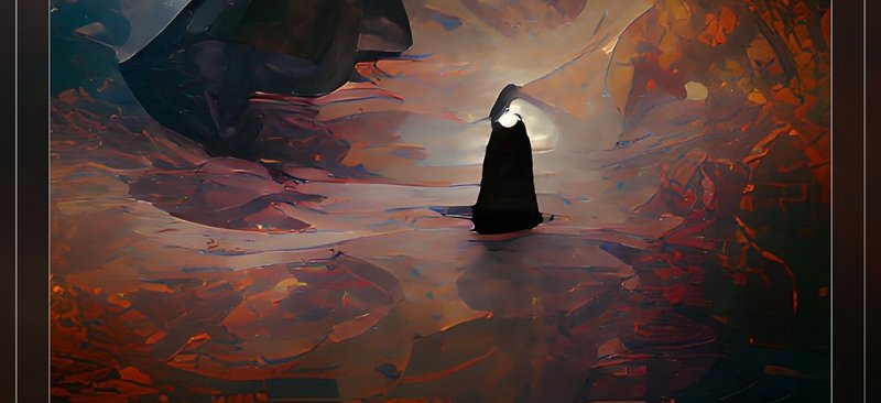 Solitary hooded black robed figure standing in a dramatic abstract otherworldly rocky landscape