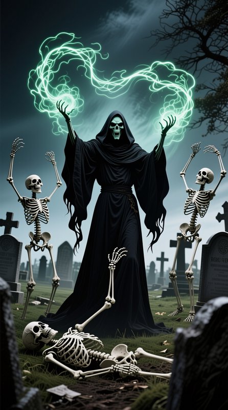 Hooded skeletal necromancer casts glowing green magic to raise undead skeletons in a misty graveyard