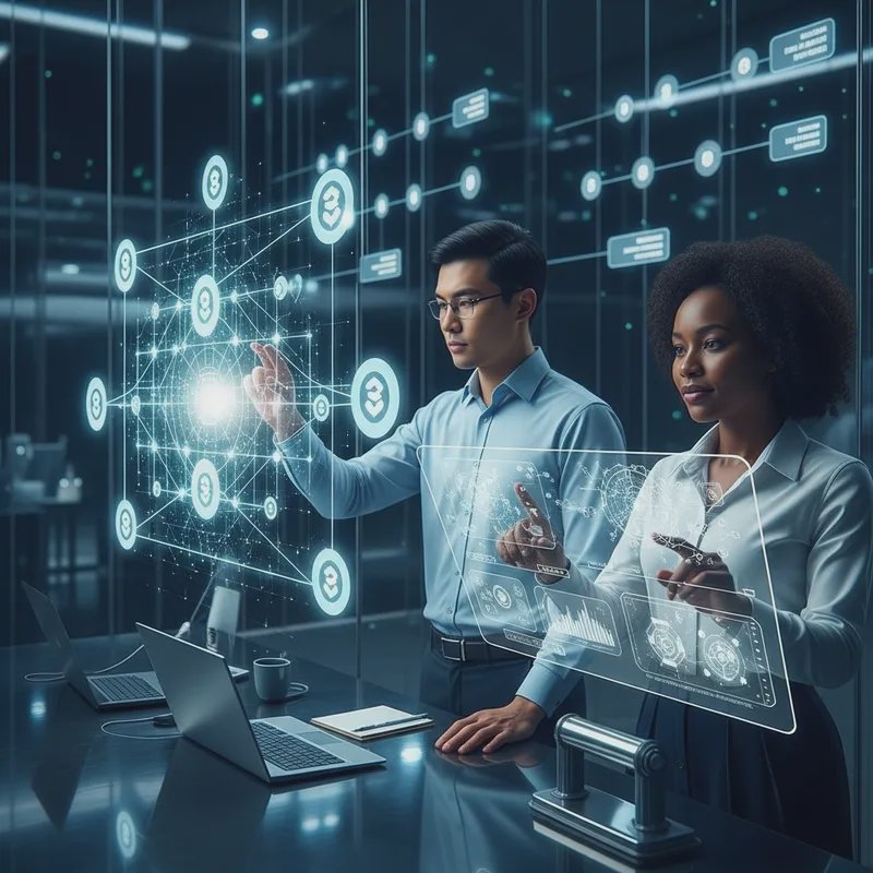Two professionals interact with holographic network and data visuals in a high-tech office.